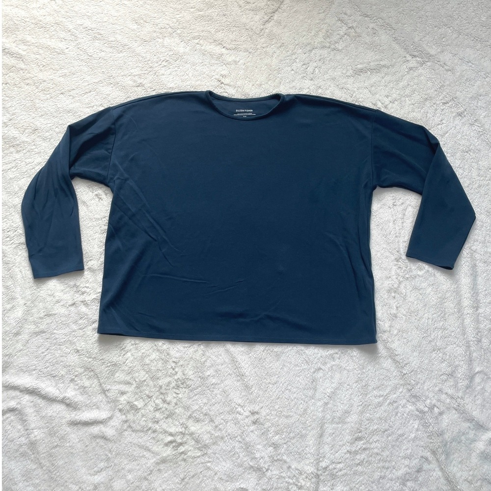 Eileen Fisher Womens Navy Blue Tencel Lyocell Blend Boxy Long Sleeve Top Size M
